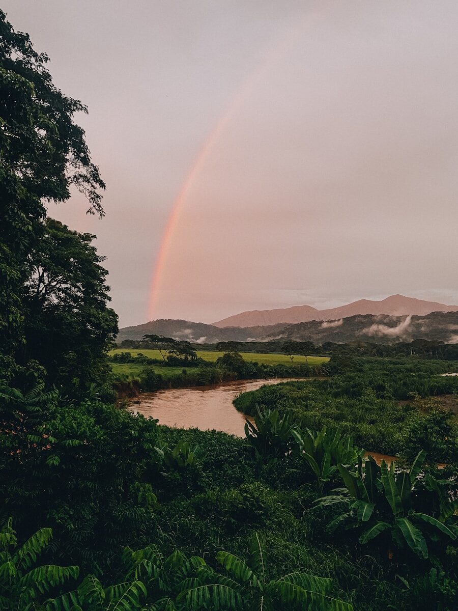a rainbow shines in the sky over a river