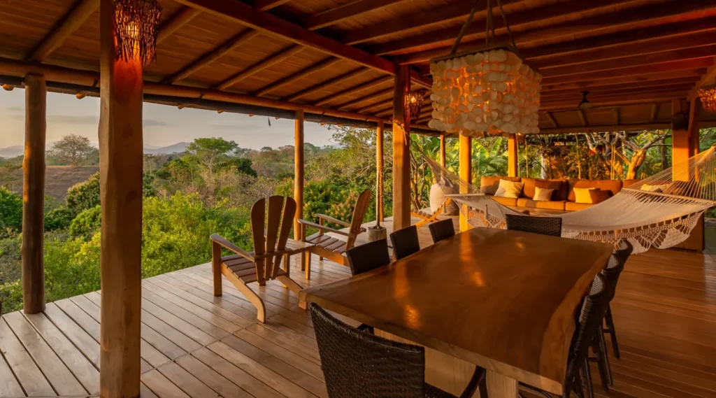 Sunset terrace and hammock at Pacific Bloom yoga retreat, Nicoya, Costa Rica
