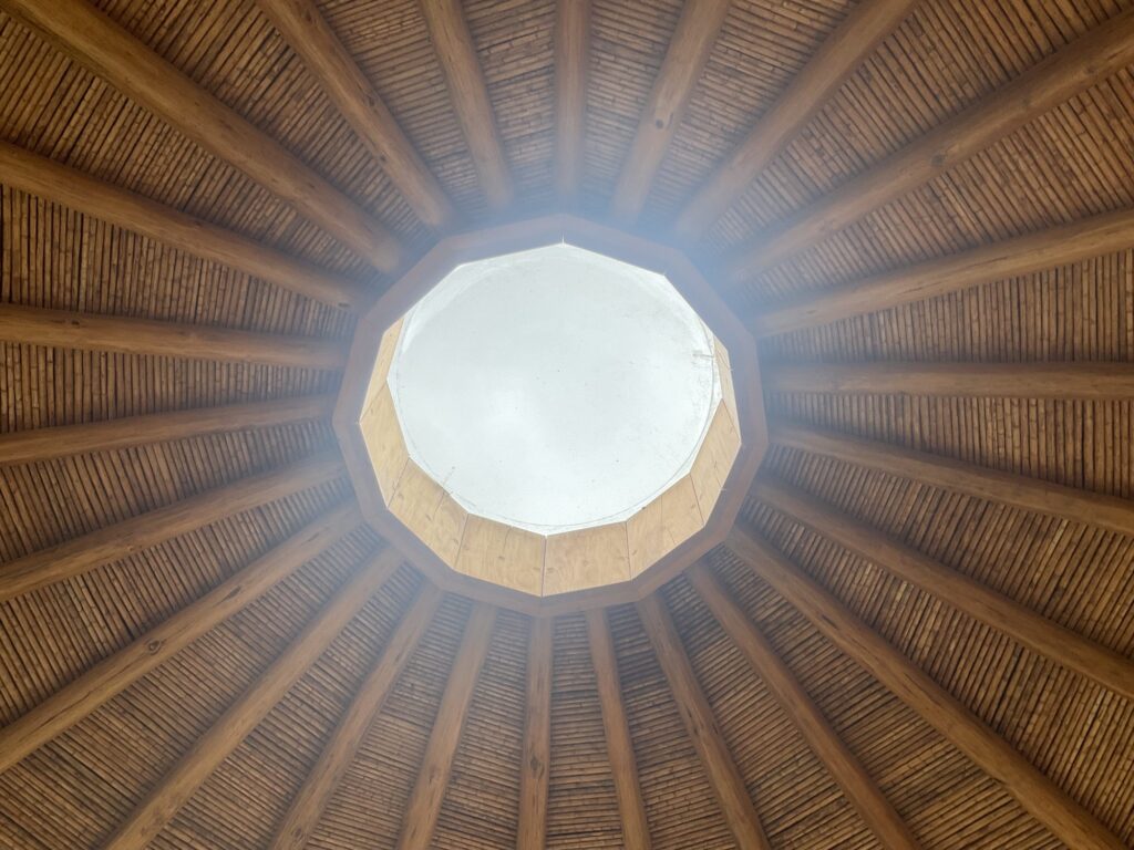 Bamboo dome ceiling with a circular skylight above the meditation space, Costa Rica