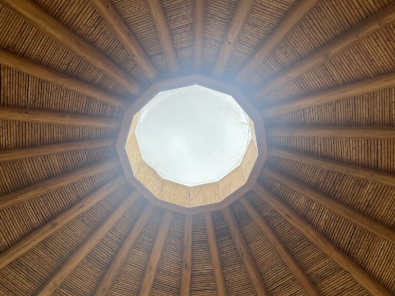Bamboo dome ceiling with a circular skylight above the meditation space, Costa Rica