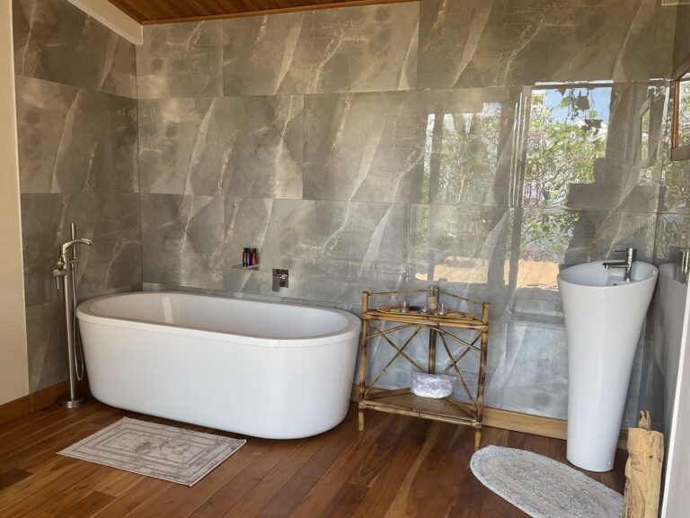 Stone bathroom with a freestanding soaking tub and a full-height window onto the forest, Costa Rica