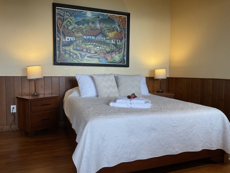 Bedroom with wood panelling, bedside lamps and a queen bed prepared for arrival, Costa Rica