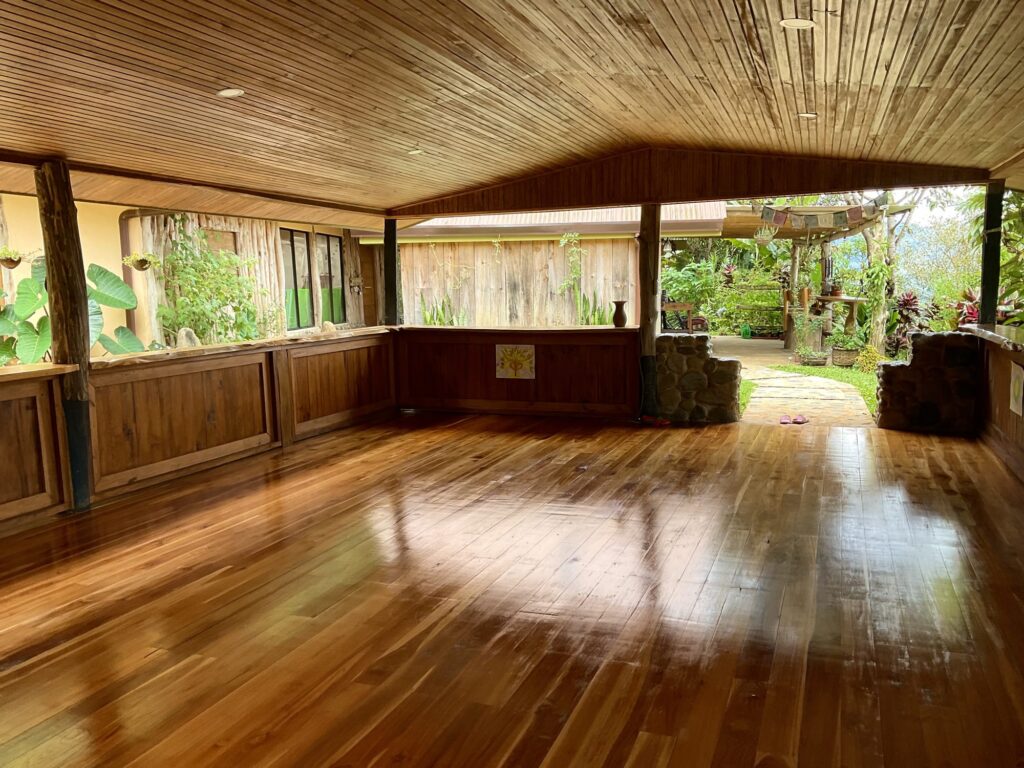 Open-sided yoga shala looking out over the Chirripó Valley rainforest, Costa Rica retreat centre