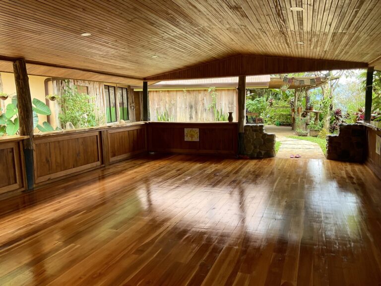 Open-sided yoga shala looking out over the Chirripó Valley rainforest, Costa Rica retreat centre