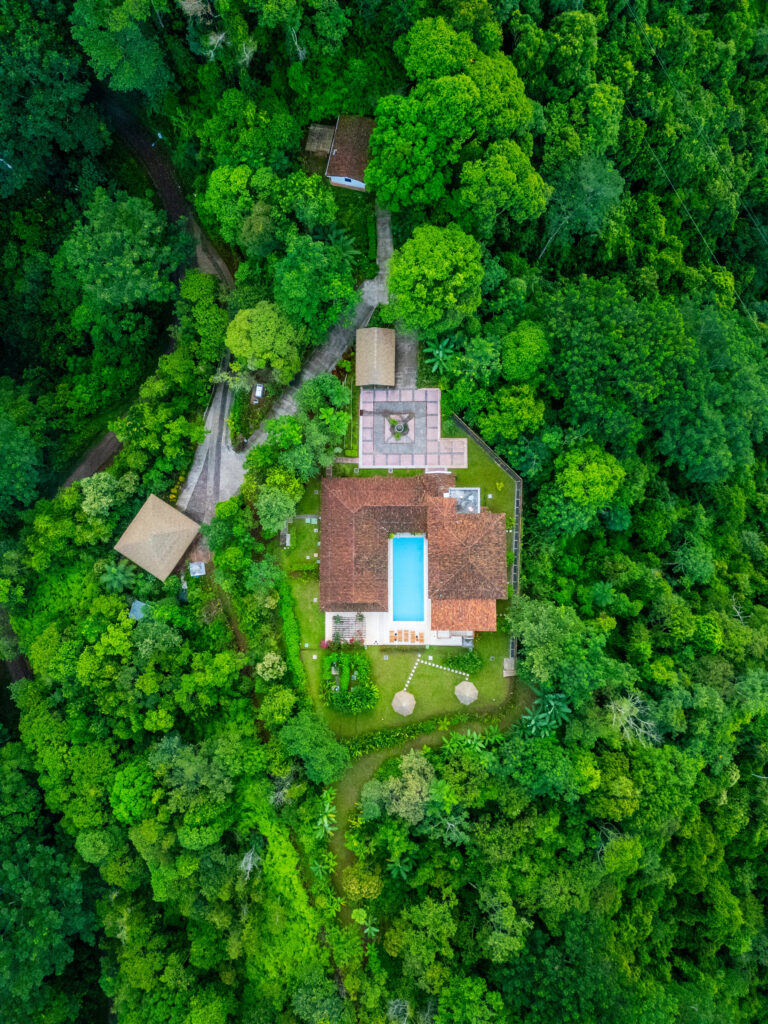 Overhead view of the hacienda and its pool surrounded by 100 hectares of jungle, Costa Rica