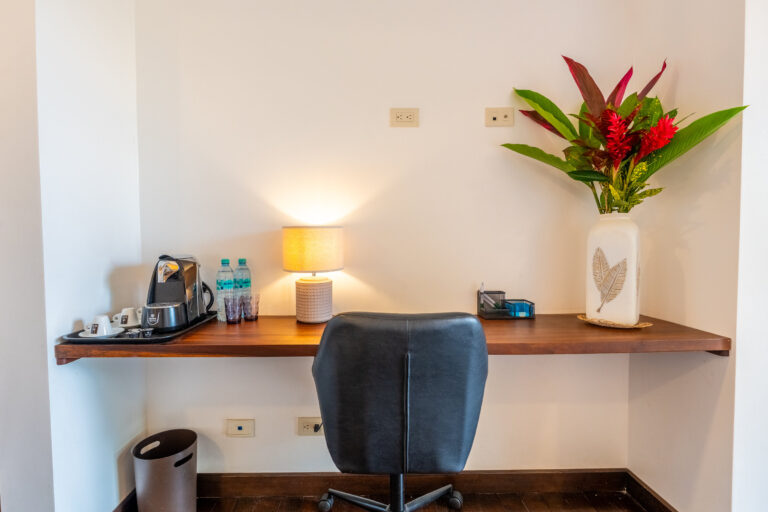 Writing desk and coffee corner in a guest room at Hacienda Las Vainillas, Costa Rica